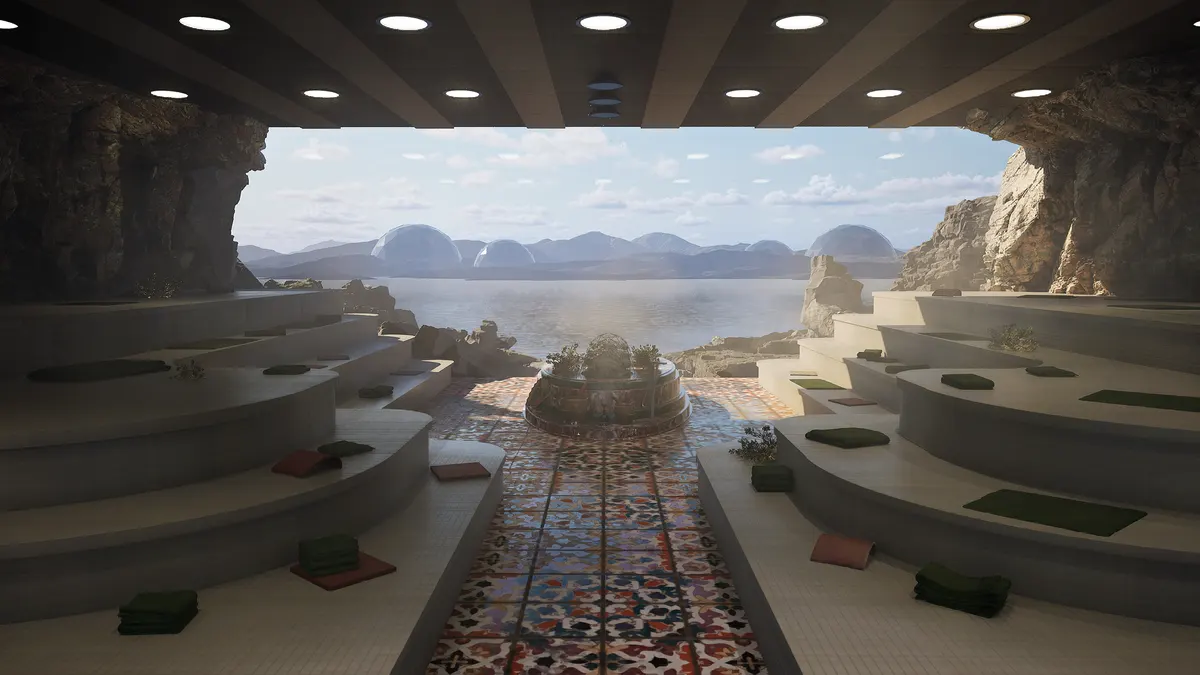 One of the immersive Waters Above rooms: a cliffside sauna in patterned stone opening onto a lake ringed by domed mountains.
