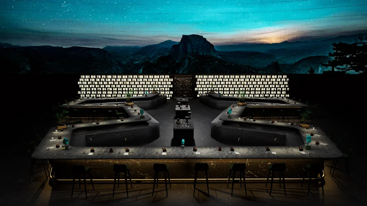 One of the immersive Waters Above rooms: a marble tea bar under an aurora sky, facing a mountain wall of glowing member screens.